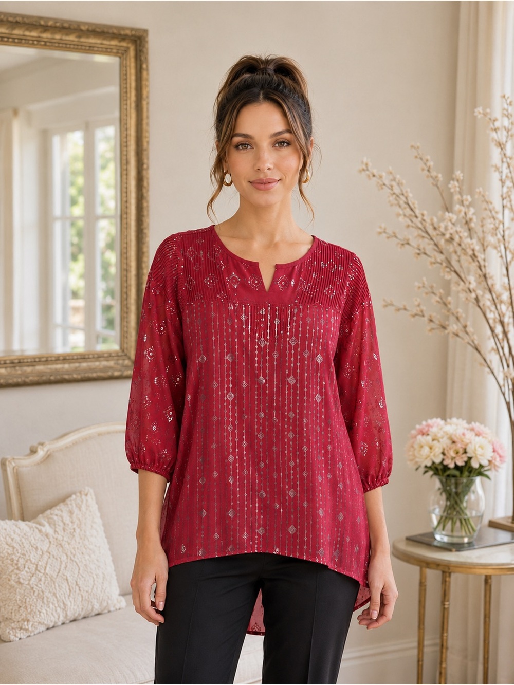 Raspberry Red Silver Metallic Print Pintuck Blouse Size S NWT